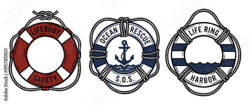 Nautical lifebuoy collection with ocean rescue and life ring text labels