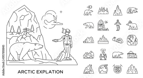 Man exploring arctic landscape with polar bears.