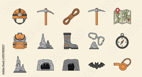 Mining tools and equipment icons set.