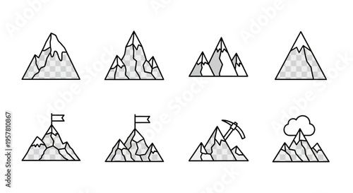 Mountain icons in line art style.