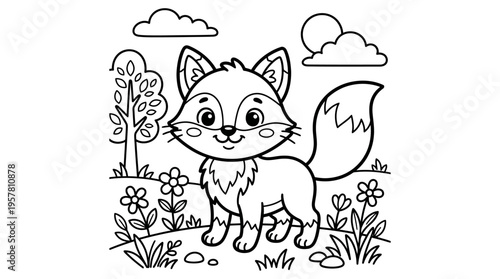 Smiling Cartoon Fox in Field.