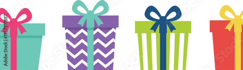Row of four colorful gift boxes with ribbons and bows, vibrant holiday celebration illustration representing birthdays, parties, Christmas, and festive gift-giving design concepts.