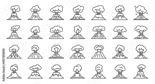 Multiple Volcanic Eruption Line Icons Set.