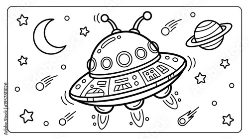 Black and white UFO spacecraft toy.