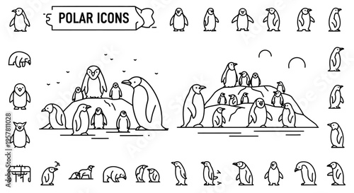 Penguins in various poses and activities.