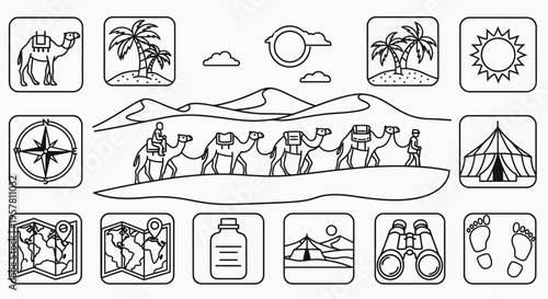 People on desert trek with tent.