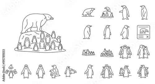 Penguins and polar bear illustrations set.