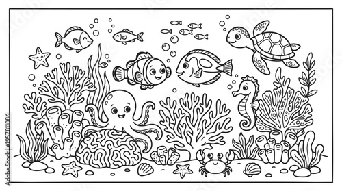 Colorful illustration of sea creatures.