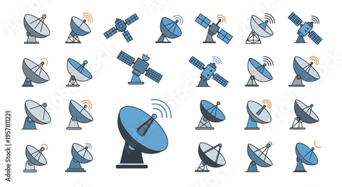 Satellite dishes in various positions.