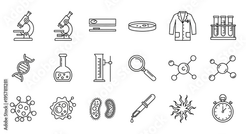 Science laboratory equipment and symbols.