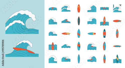 Surfboard wave icons and graphics set.