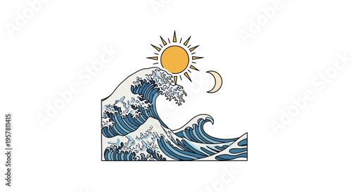 Sun Moon and Big Wave Crashing.