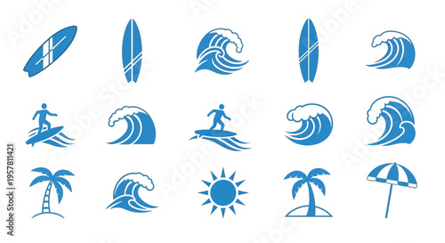 Surfing icons and beach symbols.
