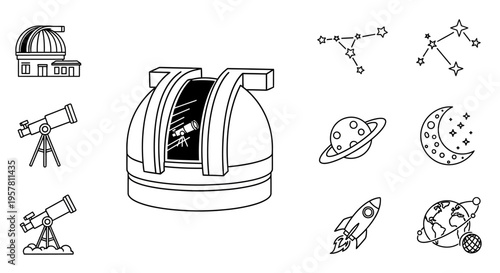 Telescope observatory with astronomy icons.