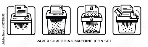 Paper shredding machine icon set. outline style shredder for documents, confidential paper, cd, and credit card destruction.