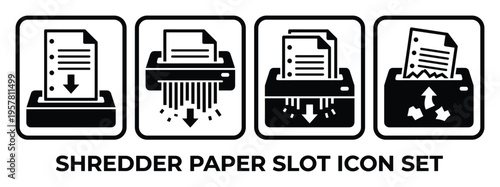 Paper shredder slot icons showing process of document destruction and disposal