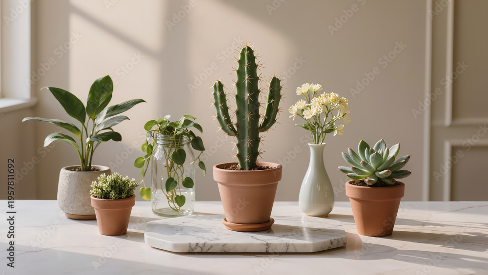 Fototapeta premium Assorted Potted Houseplants on Marble Surface