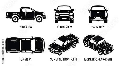 Pickup truck vehicle silhouette set with different view angles and isometric perspectives