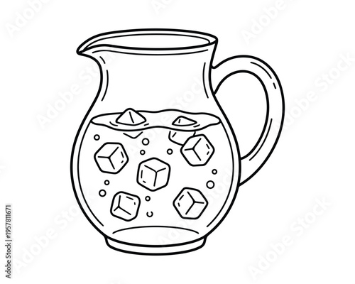 Pitcher with liquid and ice cubes, refreshing drink in a glass jug, summer beverage outline