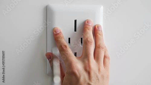 Hand near electrical outlet socket.