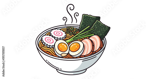 Delicious japanese ramen bowl illustration with egg noodles and toppings