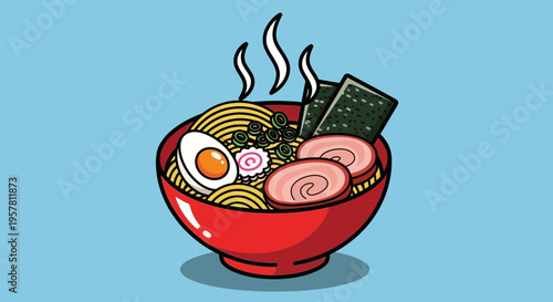 Delicious japanese ramen bowl illustration with egg pork and seaweed