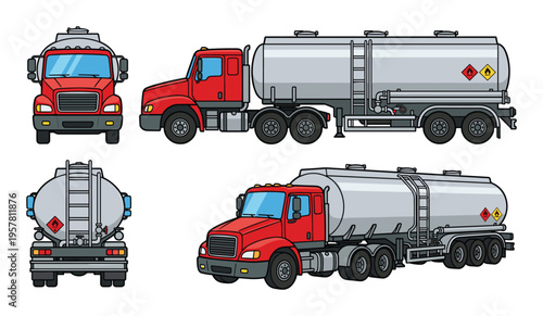 Red fuel tanker truck for transporting hazardous flammable liquids and chemicals
