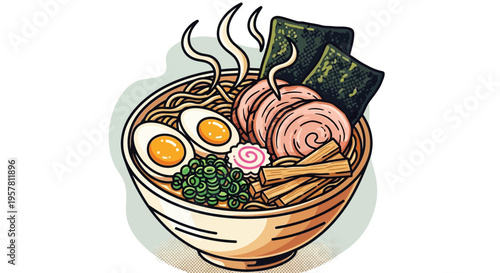 Delicious japanese ramen bowl illustration with noodles and garnishes