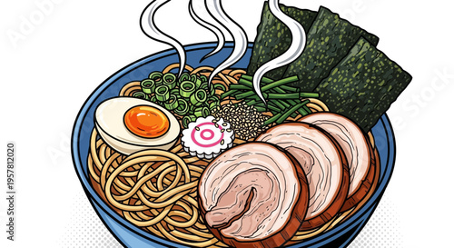 Delicious japanese ramen bowl illustration with noodles egg and vegetables