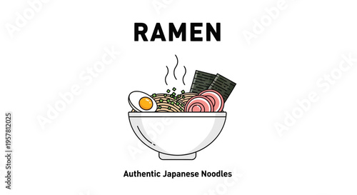 Delicious japanese ramen bowl illustration with noodles egg seaweed and broth