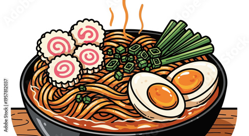 Delicious japanese ramen bowl illustration with noodles eggs and garnishes