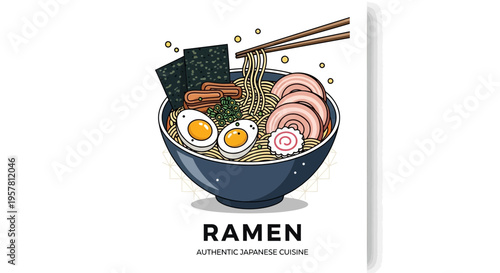 Delicious japanese ramen bowl illustration with noodles eggs and meat