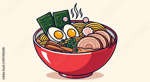 Delicious japanese ramen bowl illustration with noodles eggs and meat