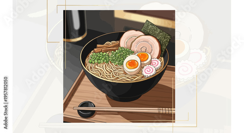 Delicious japanese ramen bowl illustration with noodles eggs and meat