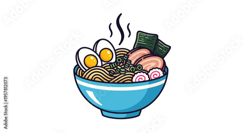 Delicious japanese ramen bowl illustration with noodles eggs and meat