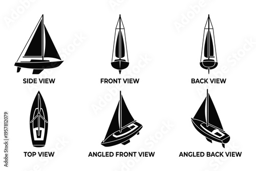 Sailboat silhouette icons set with different viewing angles and perspectives