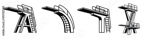 Set of black silhouettes of diving boards in various shapes and configurations