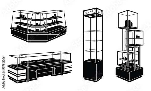 Set of black silhouettes of shop display cases and counters with glass shelves