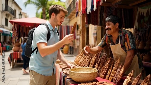 Man buying wooden souvenirs abroad.