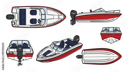 Set of different views of a modern red and white speed boat with outboard motor, isolated on transparent background