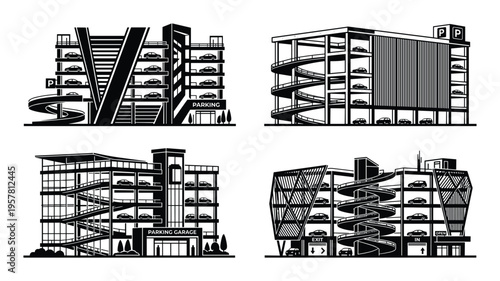 Set of four different multi-story parking garage designs, car parks with various ramp structures