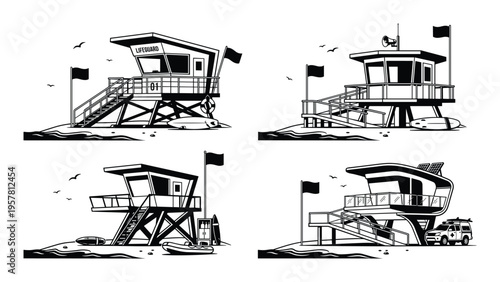 Set of four lifeguard tower illustrations, various designs for beach safety and observation posts