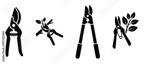 Set of gardening tools, pruning shears, loppers, and twig cutters, isolated black silhouettes