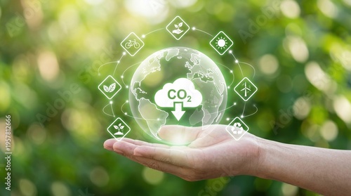 carbon footprint, net zero, sustainability, CO2 reduction, environmental protection, green energy, climate change concept with hand holding a digital globe over a green background.