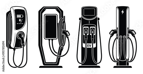 Set of modern electric vehicle charging stations with different designs vector illustration