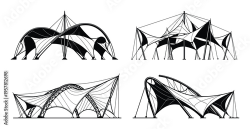 Set of modern tensile structures, including various architectural fabric canopies and membrane designs