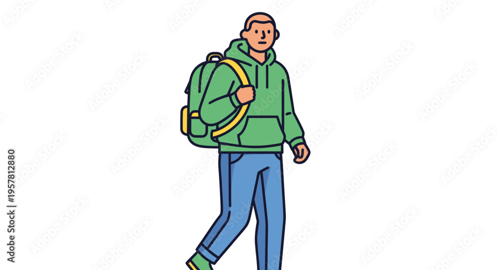 Fototapeta premium Young man with backpack walking, casual style, illustration