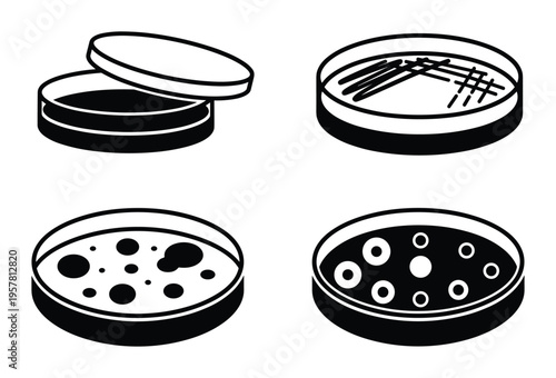 Set of petri dishes with cultures, laboratory equipment, research, science, medical, vector