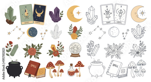 Mystical Magic Elements Collection: Tarot, Crystals, Moon, Potions, and Botanicals