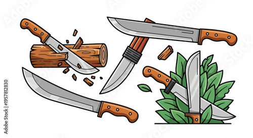 Machete Knives Chopping Wood and Cutting Through Leaves